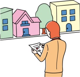 統計調査員が住宅街を歩き、家の前に立っているイラスト。手には書類を持っている。