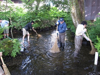 2017環境保全キャンプにて池の清掃を行っている写真